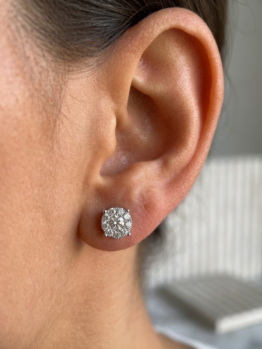 14K White Gold Round Diamond Cluster Stud Earrings - push back